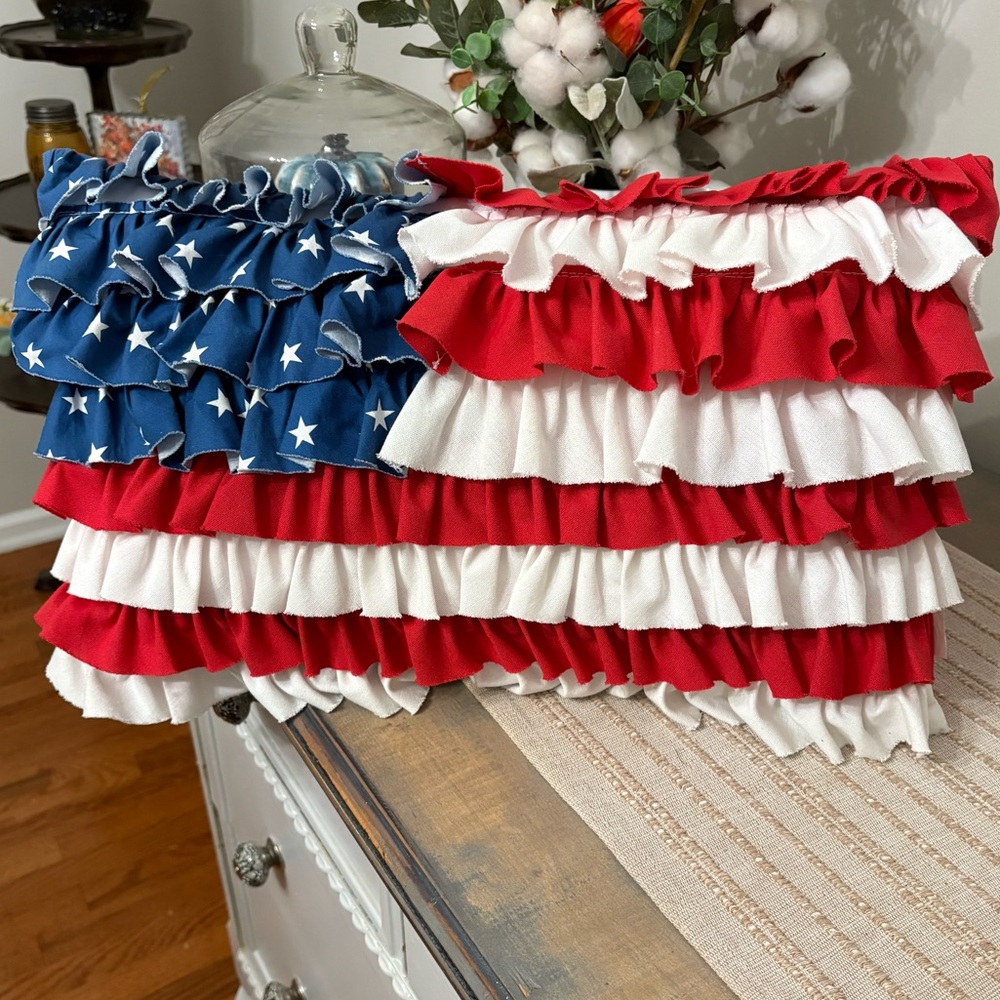 Patriotic Ruffled American Flag Pillow Red white blue - Americana- summer